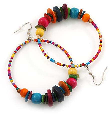 Grandes boucles d'oreilles créoles en verre et bois Multicolore Longueur 8 cm
