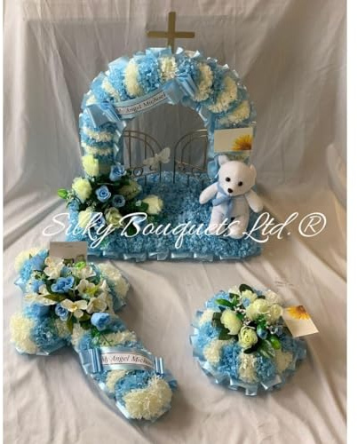 Baby Funeral Flower Tribute Package Artificial Silk Wreath Gates of Heaven Blue
