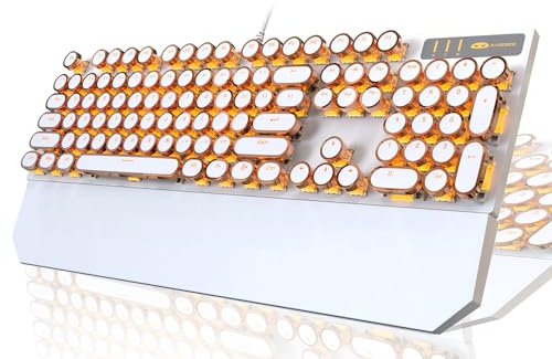 Camiysn Typewriter Style Mechanical Keyboard, Retro Punk Gaming Keyboard with Gold LED Backlit, Cute Wired Keyboards,104 Keys Full Size Keyboards, Uique Round Keycaps for Windows/Mac/PC(White&Gold)