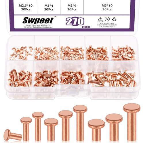 Swpeet 270 st M2 M2,5 M3 platt huvud koppar massiv nit metall fästanordningar set, koppar solida nitar nitfästelement idealisk för elektriska applikationer bälten plånböcker kragar läder gör-det-själv