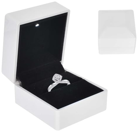 Colexy Ring Box mit LED-Licht, LED-Ringbox Beleuchtete, Samt Schmuck Geschenkbox mit LEDs-Innenbeleuchtung, Schmuck Präsentationsbox, für Verlobung Heiratsantrag Hochzeit, 5.8 * 6.3 * 5cm, Weiß