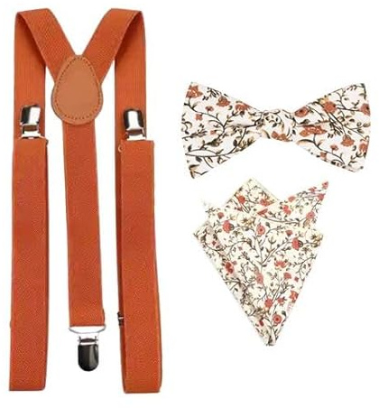 Luxuriöse Herren-Fliege, Einstecktuch und Hosenträger aus Baumwolle, Fliege und Einstecktuch mit gebrannten orangefarbenen Hosenträgern, Cremefarben und Grün mit floralem Muster, Bow Tie: Length