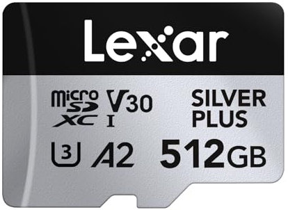 Lexar Silver Plus Micro SD Card 512 GB, velocità di lettura fino a 205 MB/s, velocità di scrittura 150 MB/s, scheda di memoria Micro SD con adattatore SD, UHS-I, A2, U3, V30, classe 10, 4K UHD