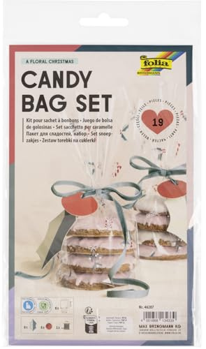 folia 46207 Godispåsar set en blommig kristma, 6 presentpåsar med juletiketter inklusive 3 m band, för sötsaker och kex
