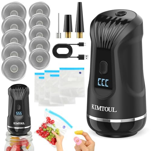HUIJUTCHEN Sigillatrice sottovuoto elettrica, per barattoli di vetro, sacchetti sottovuoto, per conservare alimenti, include 5 coperchi larghi e 5 coperchi per barattoli a bocca normale con 5