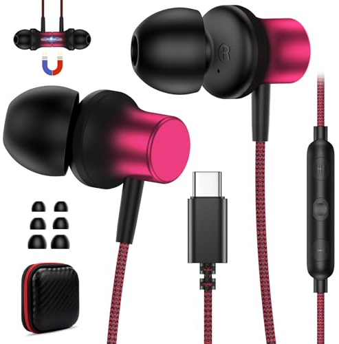 Casque USB C pour Samsung S25 Ultra S24 S23 A56 A16 Écouteurs USB C avec Microphone Hi-FI Stéréo Nylon pour iPhone 17 Pro Max 16 15 Plus pour iPad Air Casque Type C in-Ear avec Fil pour Pixel 10 9