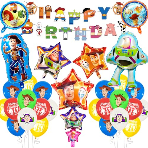 28PCS Toy Inspired Story Birthday Decorations, Toy Theme Story Foil Balloons Party Decorations Set with Birthday Banner Latex Balloons, Cartoon Toy Party Supplies for Kids Boys Girls