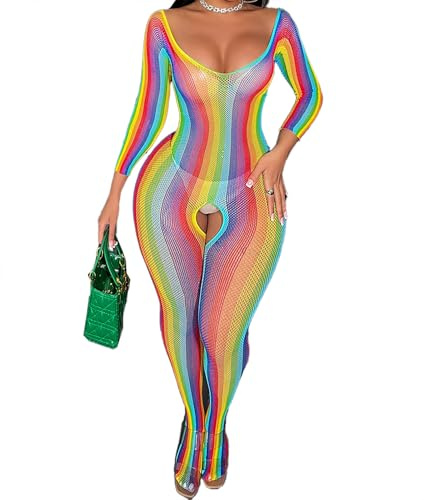 Aucute Rave Outfits Damen, Ganzkörper Nachtwäsche Langarm Bodysuit, Exotic Fishnet Bodystocking Plus Size Dancer Lingerie One Size, Rainbow