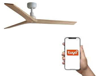 Faro Klim Ventilatore da soffitto a 3 pale medio, bianco opaco, pino, sistema Tuya Smart