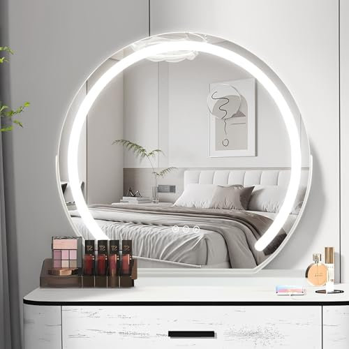 BSTSEL Hollywood Vanity Mirror with Adjustable LED Lights, 50cm Large Round Lighted Tabletop Makeup Mirror with USB Output Port, Smart Touch Screen Control for Dressing Table Bedroom (50cm diameters)