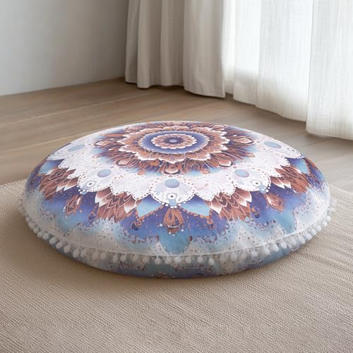 DAWNYIELD Meditationskissen für den Boden, Runde Sitzkissen mit waschbarem und abnehmbarem Bezug, 80 cm Großes Ergonomisches Yogakissen mit Pompon-Dekor, Für Innen- und Außenbereich, hellblau