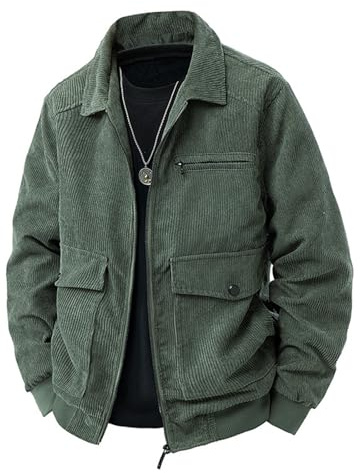 Vhersily Veste Vintage Pour Homme En Velours Côtelé Automne Hiver Manteau Chaud À Manches Longues Multi-Poches Épais En Coton Thermique, Pour Affaires Et Demi-Saison, vert, L
