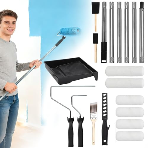 Qivine Kit de Rouleau Peinture avec Tige Télescopique, 20 Pièces Petit Rouleau Peinture Kit, Rouleau de 9 inch avec Pinceau, Kit Peinture Mur pour Peindre les Murs, les Bordures et les Plafonds