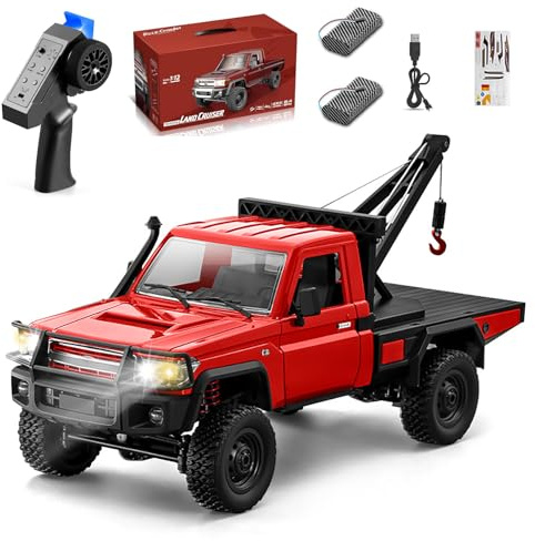 Authticar RC Crawler, grúa de camión MN82-T RC a escala 1:12, 4WD LC79, camioneta de control remoto todoterreno con luces, vehículo de auxilio todo terreno para adolescentes y adultos (rojo)