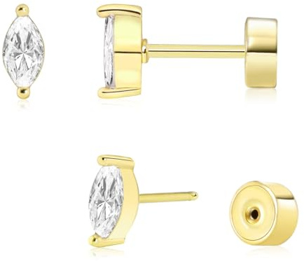 Marquise Shape CZ Flat Back Stud Earrings for Women, 20G 14K Gold Plated Hypoallergenic Surgical Steel Push in Threadless Flat Back Earrings Marquise Cut Cubic Zirconia Gold/Silver Stud Earring Set