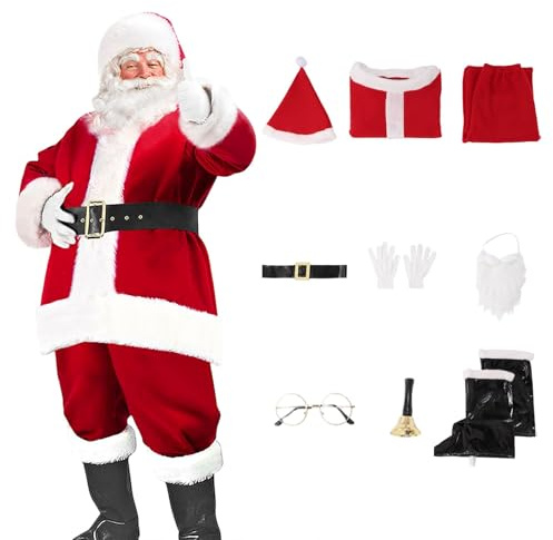 Generisch Disfraz de Papá Noel para hombre adulto de Navidad, traje de terciopelo de 9 piezas, peluca, cinturón y guantes, traje de Navidad, disfraz de Papá Noel, traje de Navidad rojo, M-3XL