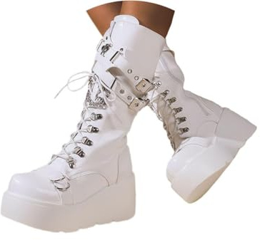 Agiyenna Bottes Mi-hautes à Plateau pour Femmes avec Fermeture Éclair D'hiver de Style Gothique Punk Unies à Lacets avec Talon Compensé et Boucle Bottes de Style Chevalier et Moto pour les Loisirs
