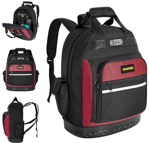 OUUTMEE Tool Backpack, Multi-Pocket Tool Bag with ABS Reinforced Base | Heavy Duty Tool Organiser with Padded Shoulder & Waist Straps, Tool Storage Gear for Electricians & Construction