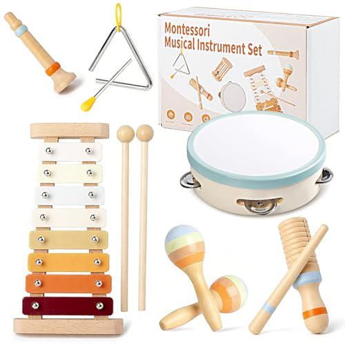 8-in-1 Montessori Musikinstrumente Kinder ab 1 Jahr, Holzspielzeug mit Xylophon, Trommel, Triangel, Maracas, Flöte, Baby Musikspielzeug, Kinderschlagzeug ab 2 3 Jahre, Lernspielzeug für Jungen Mädchen