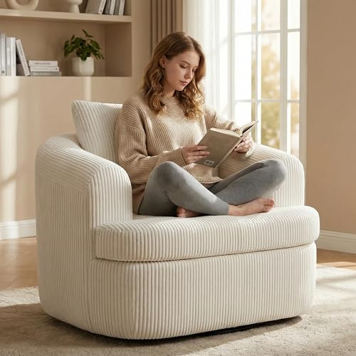 YKVIQBY Swivel Barrel Accent Chair,360°Corduroy Swivel Chairs with Cushion, Oversized Comfy Round Chairs for Living Room, Bedroom & Reading,White