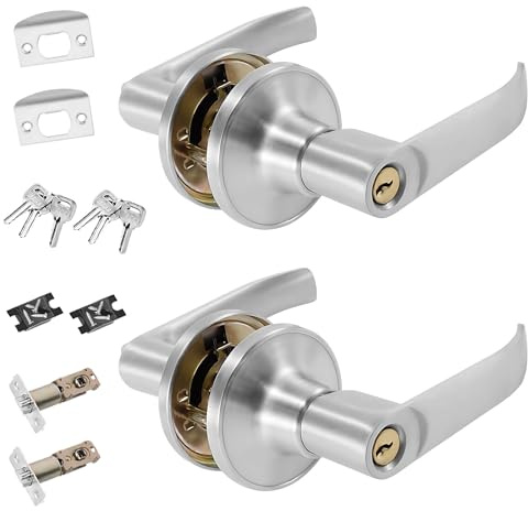 Hocklliy 2 Set Door Lock with Key, Door Handle Lock with Adjustable Latch and Privacy Locks for Bedroom, Bathroom, Kitchen, Office Internal (Silver)