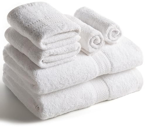 Sweet Needle Juego de Toallas de 6 Piezas 2 Toallas de Baño, 2 Toallas de Mano y 2 Toallitas - Algodón - Calidad Hotelera, Súper Suave y Altamente Absorbente de Secado Rápido (Blanco)