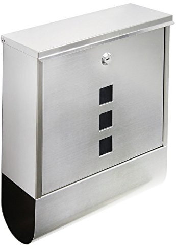 FELGNER Design Briefkasten Budweis | Postkasten Brief-Box aus Edelstahl Sichtfenster aus Kunststoff-Glas + Zeitungsfach abschließbar inkl. 2 Schlüssel Platz für Namensschild Flachdach