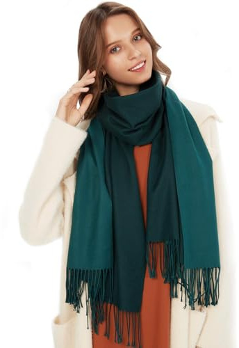 maamgic Sciarpa Bicolore da Donna in Misto Cotone Morbido e Soffice Stola Coprispalla con Frange per Autunno Primavera 200 * 70cm, Verde verde scuro