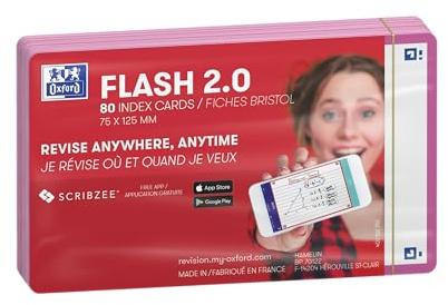 Oxford FLASH 2.0 indexkort A7, inlärningskort, 75 x 125 mm, blank, fuchsia, 80 ark