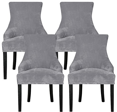 Leorate 4 Pcs Velvet Dining Chair Covers, Stretch Wingback Chair Slipcovers for Armchairs with Curved Back, Removable & Washable Chair Covers for Dining Room Kitchen, Light Gray