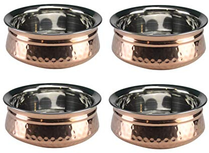 GK Global Kitchen Hammered Copper Serving Handi Double Wall Balti Dishes Curry Serving Bowls Indian Stainless Steel Multipurpose Rim Serving Bowls Set 13cm/15cm/17cm (4, 15cm)