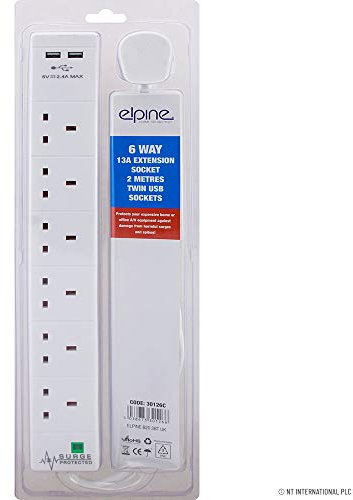 6 WAY GANG 2M EXTENSION LEAD UK CABLE SOCKET USB POWER WIRE SURGE PROTECTED PLUG
