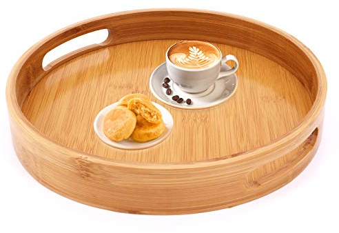 Bambus-Serviertablett, rundes Serviertablett mit Griffen, Frühstücks-Tablett Servierplatten für Kaffee Wein Kaffee Tee Obst Mahlzeiten (Groß-35x35cm)