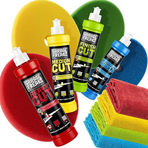 Garage Freaks Autopolitur Set: Garage Freaks Heavy Cut 250ml + Medium Cut 250ml + Finish Cut 250ml + Versiegelung Carnauba Shield 250ml + 4 passende Garage Freaks Pads + 4 Mikrofasertücher 550GSM