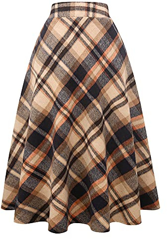Ylingjun Falda Larga de Lana a Cuadros para Mujer, Invierno, otoño, Cintura elástica Alta, Acampanada, Plisada, Falda de tartán de Lana, Marrón, XX-Large