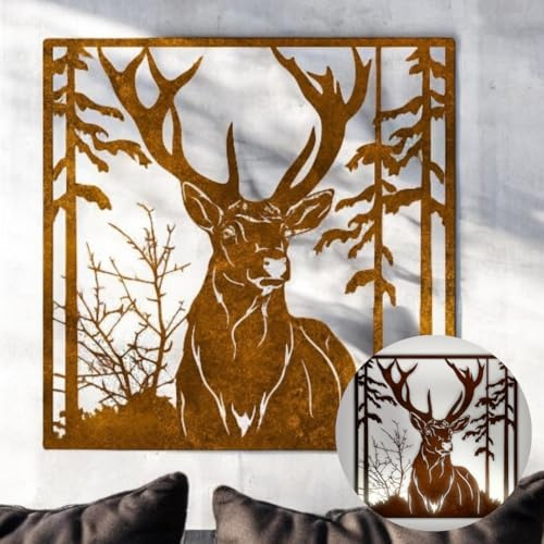 Terma Stahldesign Hirschkopf Wandbild XXL 70x65x3 cm – Edelrost Metall mit Schutzlack – Handgefertigte Hirsch Wanddeko für Wohnzimmer & Schlafzimmer – Made in Germany
