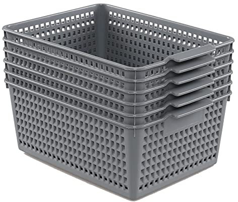 Saedy 6 Pack Plastic Weave Storage Basket, Grey Kitchen Baskets for Cupboards