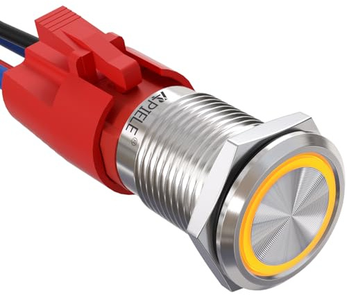 APIELE Interruttore a pulsante a scatto da 10 A, 16 mm, 12 V, LED Angel Eye, impermeabile, rotondo, autobloccante, 1NO (acciaio inossidabile argento, giallo)