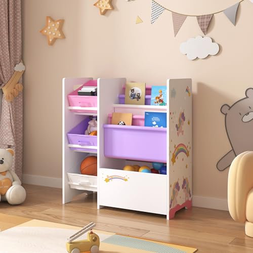[en.casa] Scaffale per Cameretta con Contenitori Morbidi a Scaletta e 3 Cassetti Pieghevoli Porta Giochi - Mobile a Misura di Bimbi - Decorazione Unicorno - Viola/Rosa