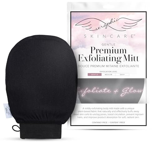 Seraphic Skincare Premium Exfoliating Glove (Gentle) – Viscose Fiber Korean Exfoliating Mitt for Sensitive Skin – Body Scrubber, Dead Skin Remover for Body & Self Tanner Removal & Application