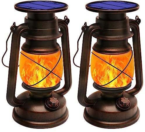Shinmax 2 Pièces Lanterne Solaire Exterieur Jardin Vintage Lampe Solaire Exterieur Effet Flamme Rétro Lampe Tempete Led Lanternes d'extérieur Etanche IP65 pour Porche,Terrasse,Cour,Jardin,Camping