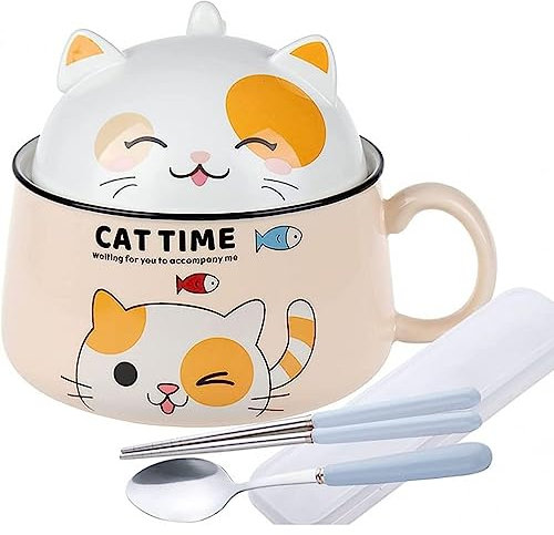 lachineuse – Cuenco de Ramen japonés con tapa – Cuenco de gato Kawaii – Cuenco de fideos instantáneos y desayuno – con cubiertos – Idea de regalo de anime Japón – Cuenco chino para niños adultos –