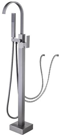 BiaoTeng Badewannenarmatur Bodenmontage Wasserfall Einhebelmischer 2 Funktionen 360° Drehbarer Messing Wasserhahn Freistehend Badewanne, Grau