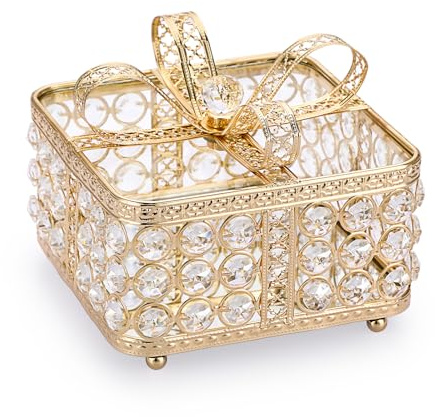 TOLIDA Kristall-Schmuckschatulle mit Deckel, Glas-Schmuckkästchen mit Schleifen-Deckel, glitzernde Schreibtisch-Aufbewahrungsbox für Ohrringe, Ringe, Schmuck, Armbänder (Gold, groß)