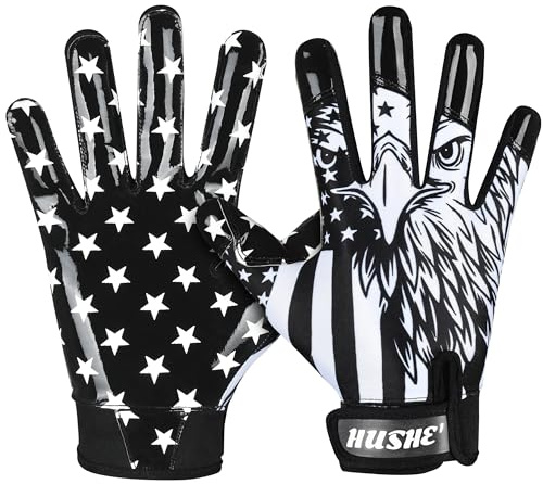 Hushe' Football Gloves American Flag Football Receiver Gloves Silicone Grip Football Receiver Gloves Youth USA Flag Football Receiver Gloves (Black Eagle, Adult Medium)