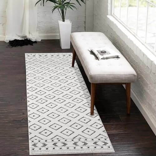 carpet city Kurzflor Teppich-Läufer Grau, Creme - 80x300 cm - Flur-Teppiche Hochtief-Muster, 3D-Effekt - Raute-Muster - Flachflor Bodenbelag, Deko Schlafzimmer