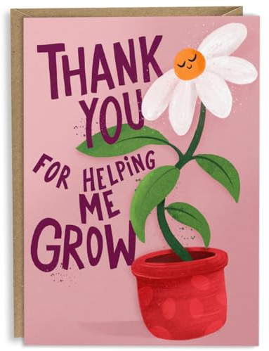 Dankeskarte für Lehrer von Kindern – niedliche rosa kleine Grußkarte mit Aufschrift Thank You for Helping Me Grow, ideal für Lehrassistenten und Kindergarten