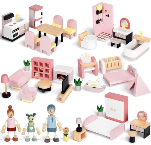 36 st möbelset i trä med 4 familjedockor, 5 rum trä och rosa dockhustillbehör i plast