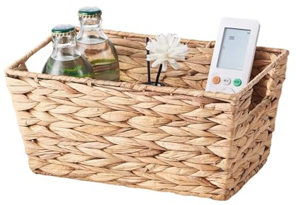 Eden & Willow Natural Water Hyacinth Woven Storage Basket with Handles | Wicker Shelf Baskets for Home Decor and Bathroom Organisation | Handmade Stackable Gift Hamper Basket (1, Small)