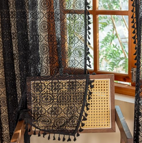 YJ YANJUN Boho Lace Curtains 63 inch Long 2 Panels -Vintage Floral Crochet Sheer Panels with Tassel for Living Room Bedroom Light Filtering Victorian Gothic Halloween Witchy Drapes Black W59 x L63